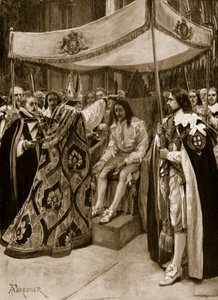 1902年の「イラストレイテッドロンドンニュース」のキャンドルデーの日、1626年、ウェストミンスター修道院のカンタベリー大司教、ジョージアボットによるチャールズ1世の油注ぎ 作： Amedee Forestier