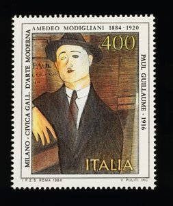 アメデオ・モディリアーニ（1884-1920）を讃えるイタリア芸術シリーズの郵便切手で、「ポール・ギョームの肖像」（1916年）が描かれている、400リラの切手。