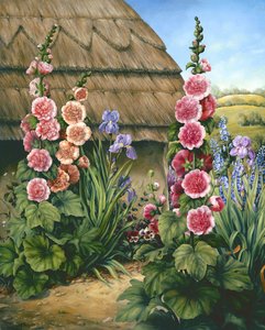 Hollyhocksのあるコテージガーデン、1995 作： Amelia Kleiser