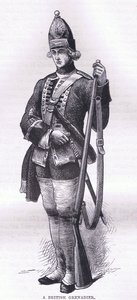 イギリスの擲弾兵（1900年頃、Cassell, Petter & Galpin社の『Cassells History of the United States』に掲載されたイラスト）。 作： American English school
