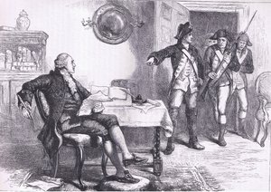 ウィリアム・フランクリンの逮捕図（1900年頃、Cassell, Petter & Galpin社発行のCassells History of the United Statesより）（リトグラフ版 作： American English school