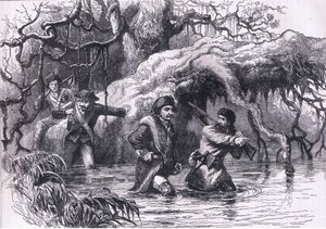 ワバッシュ川を渡るクラークと兵士たち（1900年頃、Cassell, Petter & Galpin社発行「Cassells History of the United States」より）。 作： American English school