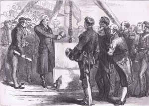 バンカーズヒル記念碑の礎石を据えるラファイエット（1900年頃、Cassell, Petter & Galpin社発行「Cassells History of the United States」より）。 作： American English school