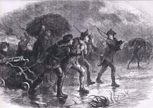 ボストンでのアメリカ人の夜の作戦行動、1900年頃にCassell, Petter & Galpin社から出版された『Cassells History of the United States』の挿絵（リトグラフ）。 作： American English school