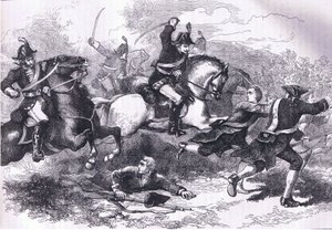 1900年頃にCassell, Petter & Galpin社から出版された『Cassells History of the United States』に掲載されたイラスト「Rout of the loyal recruits」（リトグラフ）。 作： American English school