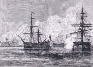 サリバンズ島への攻撃、1900年頃にCassell, Petter & Galpin社から出版されたCassells History of the United Statesに掲載されたイラスト（リトグラフ版 作： American English school