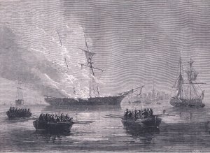 1900年頃にCassell, Petter & Galpin社から出版された『Cassells History of the United States』に掲載されたガスプの焼失のイラスト（リトグラフ版 作： American English school