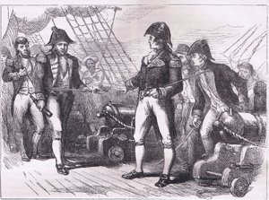刀を差し出すチェサピーク号の士官たち（1900年頃、Cassell, Petter & Galpin社発行のCassells History of the United Statesからのイラスト）（リトグラフ 作： American English school