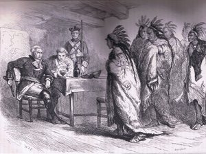 ポンティアックとインディアンのグラッドウィン少佐への訪問（1763年）、Cassell, Petter & Galpin, c.1900発行のCassells History of the United Statesからの挿絵（リトグラフ）。 作： American English school