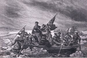 デラウェア川を渡るワシントン、1900年頃にCassell, Petter & Galpin社から出版されたCassells History of the United Statesに掲載されたイラスト（リトグラフ版 作： American English school