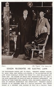 トーマス・エジソンがハーバート・フーバー大統領とヘンリー・フォードのために電灯を再現（モノクロ写真 作： American Photographer (after)