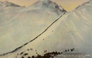 アラスカ州のゴールドラッシュ、1896年から1899年の間にChilkoot Passを通過するゴールドシーカー（カラー写真） 作： American Photographer