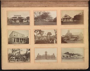 ハワイのアルバム、p.12、クイーンズ・ホスピタル（中央上部）を含む学校などの建物、1880年頃（アルバメン・プリント 作： American Photographer