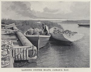 ジャマイカ湾に浮かぶカキ船の上陸（モノクロ写真 作： アメリカの写真家