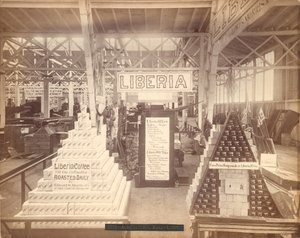 リベリアの石鹸とコーヒーの展示、農業ホール、フィラデルフィア百周年記念展、1876年（アルブメンプリント）