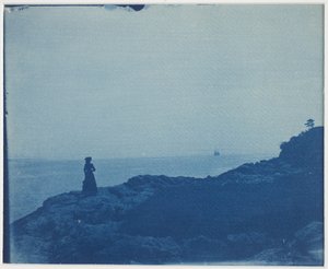 岩場のプロモントリーからスクーナーを見る女性 作： American Photographer