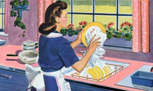 1940年代の主婦、夢のキッチンで食器を洗う 作： アメリカの学校