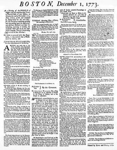 1773年12月、ボストン茶会事件の詳細を記したブロードサイド新聞（印刷）