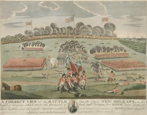 1815年頃、ニューオリンズ市付近の戦いの正しい眺め（ハンドカラー・エングレーヴィング 作： American School