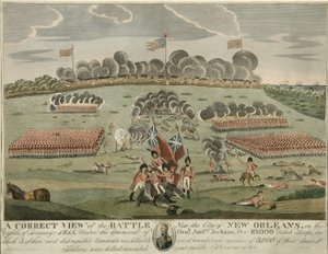 ニューオーリンズ市付近の戦いの正しい眺め、1815年頃（手彩色のエングレービング 作： American School