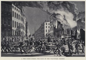 ボランティア消防士の時代の火事の様子（リトグラフ 作： American School