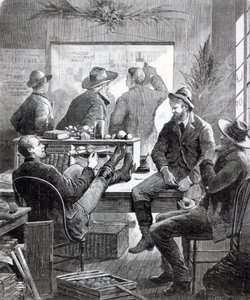 「ハーパーズウィークリー」からのカンザスランドオフィス、1874年7月11日 作： American School