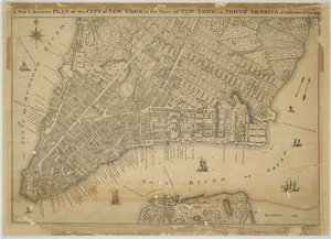 1797年に発行された北アメリカのニューヨーク州のニューヨーク市の新しい正確な計画、1797年に発行（布で裏打ちされた紙に黒とカラーのインク） 作： American School