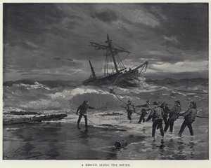 湾岸での救助活動（リトグラフ 作： American School
