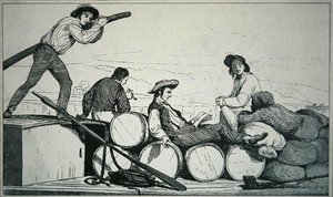 ミシシッピ川で貨物を運ぶフラットボート、1840年頃（彫刻） 作： American School