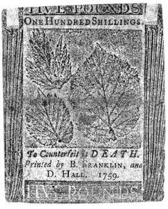 B.フランクリンとD.ホールによって印刷された100シリングノート、1759（印刷） 作： American School