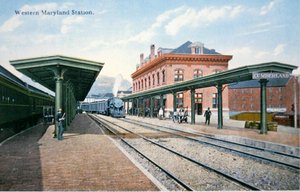 メリーランド州カンバーランドにあるWestern Maryland Stationのポストカード（カラーリトグラフ）。 作： American School