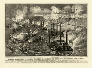 反乱軍のミシシッピ封鎖をヴィックスバーグで実行するポーター提督の艦隊、1863年4月16日、Pub.1863年（彫刻 作： American School