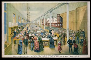 メイン販売室の内部を望むHill Bros. Millineryグッズの広告 作： American School