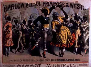 The Colored Masquerade」の広告、Mammot Minstrelsによる歌と踊り、Presented by Barlow, Wilson, Primrose and West (カラーリトグラフ) 作： American School