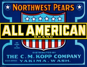 オールアメリカンブランドのフルーツクレートラベル、1920年頃（リトグラフ