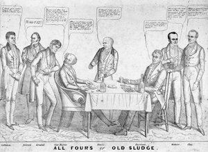 オールフォーオールドオールドスラッジ、マーティンヴァンビューレン大統領（1782-1862）が他の政治家や政治家の中でウィリアムヘンリーハリソン（1773-1841）に対してトランプを描いた政治漫画、1836年（リソ