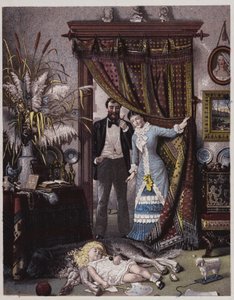 犬の上で眠る娘を見つめるアメリカ人夫婦（カラーリトグラフ） 作： アメリカの学校