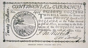 1775年のアメリカの20ドル札（リトグラフ 作： American School