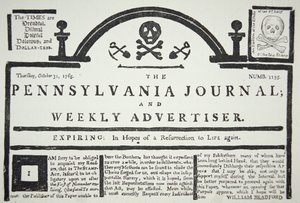 1765年10月31日にThe Pennsylvania Journal and Weekly Advertiserに掲載された、イギリスが課したスタンプ法に対するアメリカ側の回答（新聞紙）。 作： American School