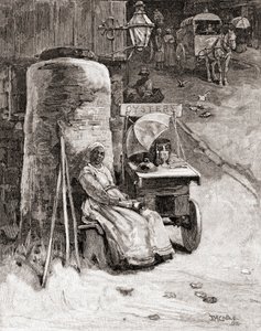 19世紀、ワシントンD.C.のワシントン海軍工廠近くで荷車を引くカキ売り（1884年発行の『The Century Illustrated Monthly Magazine』より）。 作： American School