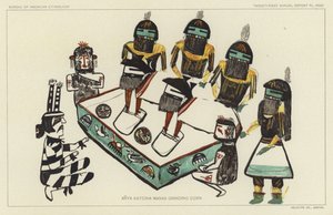 トウモロコシを挽くアーニャ・カトシナ・マナス（カラーリトグラフ） 作： アメリカの学校