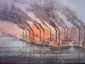 米国旗手アンドリュー・フットが指揮する装甲ガンボート、1862年2月6日（カラー図版 作： American School