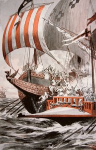 1504年、教皇ユリウス2世の宝船を攻撃するバルバロッサの弟、アロージ（カラーリトグラフ 作： American School