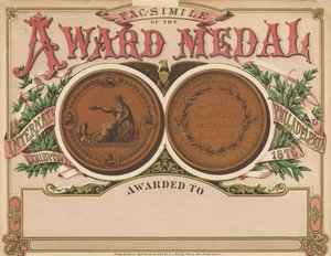 「賞メダル」、センテニアル展スクラップブック、1876 作： American School