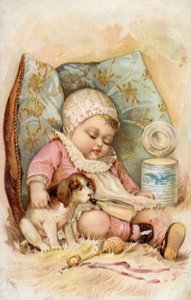 瓶から飲む子犬の赤ちゃん、保存乳の広告 作： American School