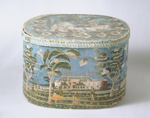 城の眺めを示す版画紙で覆われたバンドボックス、c.1835（段ボールと紙） 作： American School