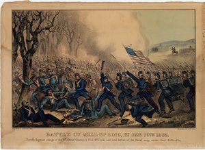 ミルスプリングの戦い、ケンタッキー州。1862年1月19日、パブ。 Currier＆Ives、1862年頃
