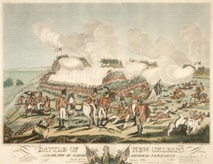 ニューオーリンズの戦いと1815年1月8日のパッケナム少将の死、pub.1815年（彩色済み彫刻 作： American School