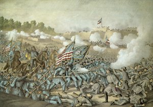 ウィリアムズバーグの戦い、1862年5月5日、Kurz & Allisonによる（カラーリトグラフ 作： American School