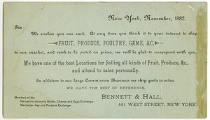 ベネット＆ホールトレードカード[verso]、1882（刻まれたリトグラフ[trade card]）